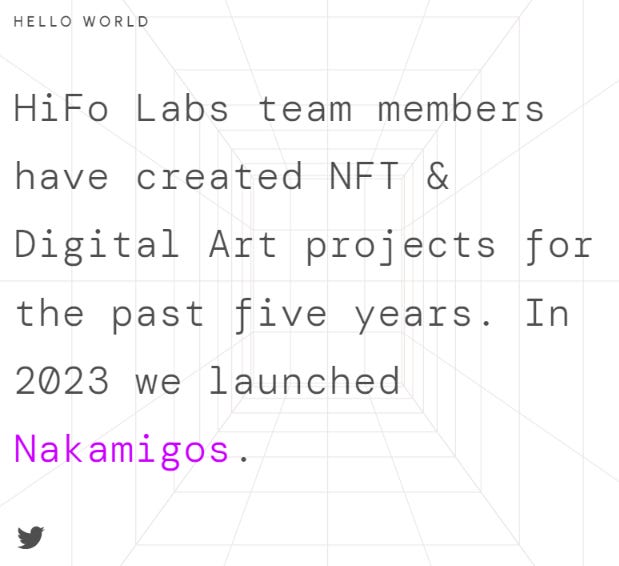 The Hifo Labs website consists of one page, a couple of sentences, and a link to the Nakamigos Twitter page.