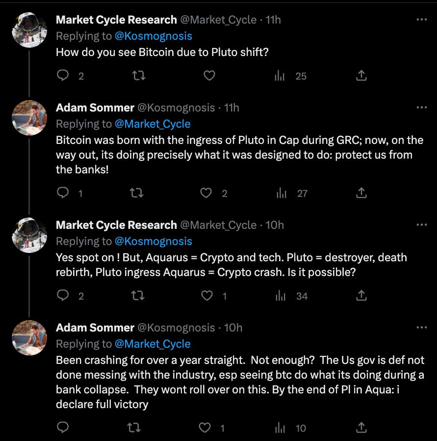 Twitter exchange between Market Cycle Research (@MarketCycle) and Adam Sommer (@Kosmosgnosis) regarding Pluto's entrance into Aquarius and the future of Bitcoin