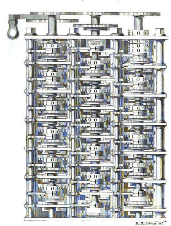 A technical drawing showing a machine of three columns of interlocking gears with numbers printed around the middle of each