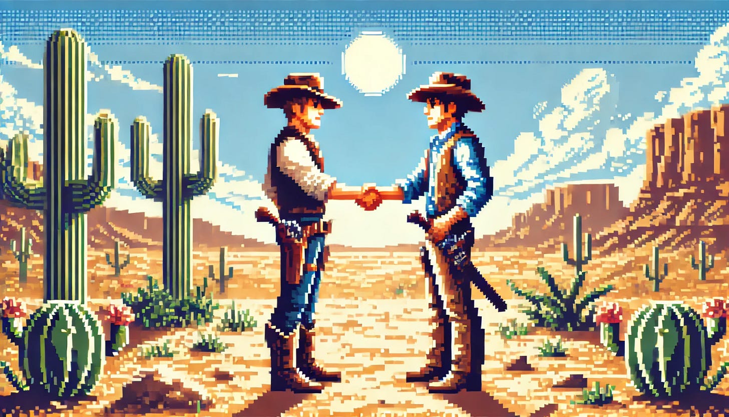 An 8-bit pixel art scene of two cowboys shaking hands in the foreground. They are unarmed, dressed simply with cowboy hats, boots, and belts. Behind them is a natural desert scene featuring cacti, rocks, and a wide, sandy expanse. The sun is high in the clear blue sky, casting bright light over the landscape. The atmosphere is peaceful and serene, evoking a sense of camaraderie and mutual respect. The style is reminiscent of 1980s computer game graphics, with bright and crisp pixel detailing.