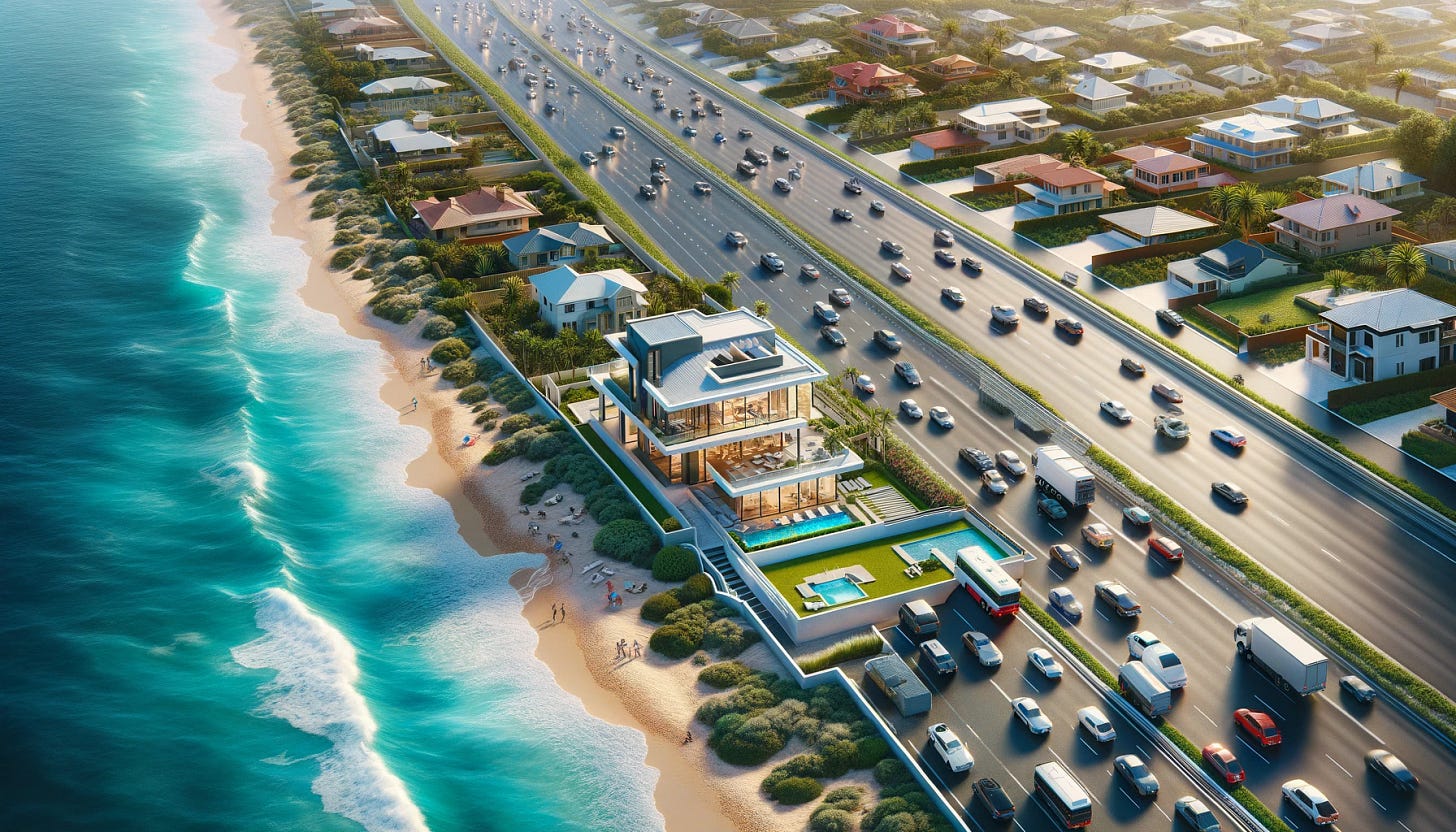 An aerial view of a beautiful coastal house situated close to a busy main road. The house should have a modern architectural design, with large glass windows and a flat roof. The nearby road is bustling with traffic, showcasing various types of vehicles. The coastline should be visible, with clear blue waters and gentle waves. The surrounding landscape includes a well-manicured lawn, a few palm trees, and a small sandy beach adjacent to the property. The image should be photorealistic, capturing the vibrant colors of the house, the ocean, and the busy road. An aerial view of a beautiful coastal house situated close to a busy main road. The house should have a modern architectural design, with large glass windows and a flat roof. The nearby road is bustling with traffic, showcasing various types of vehicles. The coastline should be visible, with clear blue waters and gentle waves. The surrounding landscape includes a well-manicured lawn, a few palm trees, and a small sandy beach adjacent to the property. The image should be photorealistic, capturing the vibrant colors of the house, the ocean, and the busy road.