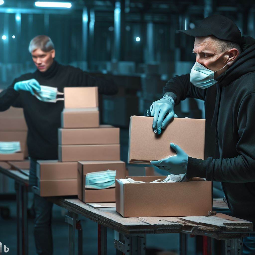 realistic photo of criminals putting facemasks in boxes on a factory line