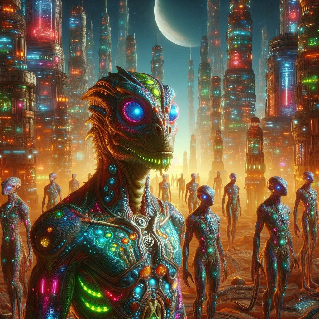 alien city with humanoid lizard people who have a variety of glowing colors and patterns