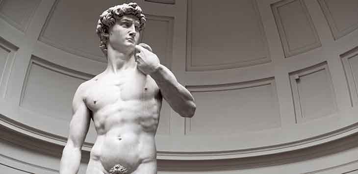 Photo of Michelangelo's statue of David in the Galleria dell'Accademia, Florence, Italy.