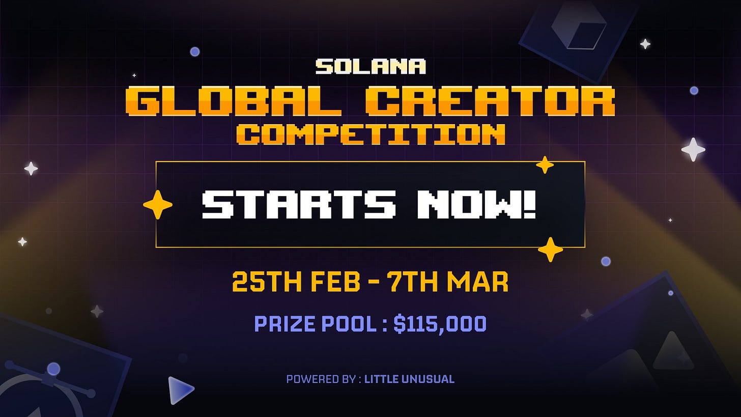 Little Unusual on X: "The Solana Global Creator Competition is officially  LIVE! We've been building up to this moment, and it's finally here.  $115,000 up for grabs, You have 10 days to