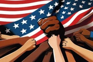 An illustration showing the American flag being embraced by diverse hands, symbolizing the public's united stance against threats to democracy.