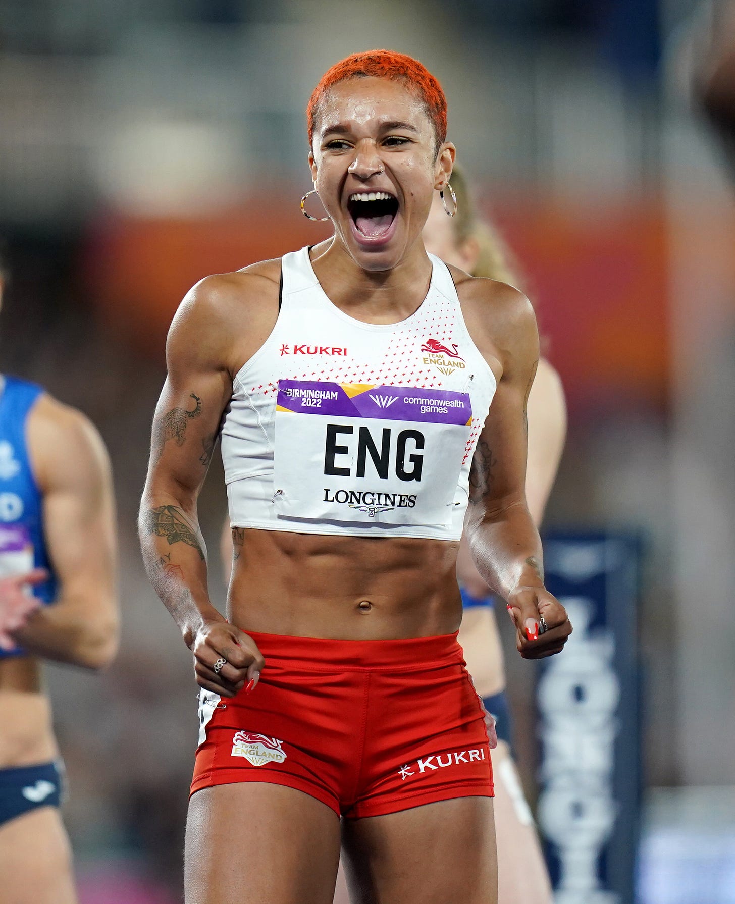 Jodie Williams celebrating her team victory in the Women's 4 x 400m Relay Final at Alexander Stadium during the Common