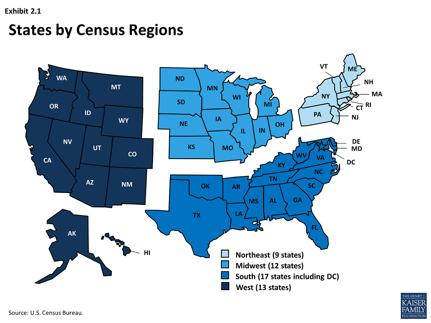 Depicts map of U.S. census regions. Continue reading for list of states in each region.