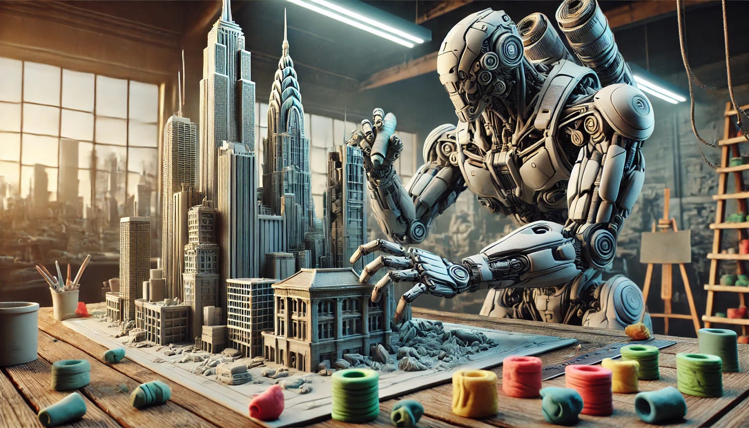 A highly detailed, futuristic robot transforming deformed plasticine into intricate, artistic models of skyscrapers and buildings in an art studio. The scene has dynamic, high-resolution lighting, showcasing HDR contrast and an ultra-realistic feel. The robot’s design is sleek, with precise, advanced tools for clay sculpting, focusing intently on shaping each detailed element of the miniature skyscrapers. The environment captures the texture of clay and plasticine in vibrant colors, with high-resolution detail highlighting every contour and building feature. Concept art, 4K resolution, HDR effect, 8:5 aspect ratio.