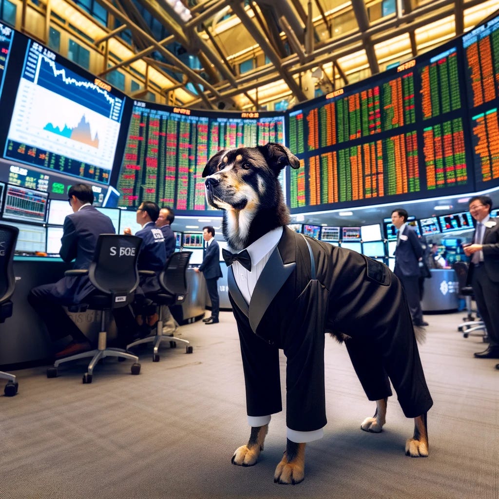 A sophisticated dog in a sleek black tuxedo is standing on the bustling stock trading floor, surrounded by traders and digital screens displaying stock market charts. The dog looks confident and ready to make its next big trade, blending seamlessly with the environment of high-stakes financial decisions. The setting is lively and filled with the energy of commerce, capturing a moment where the canine trader is both an anomaly and a natural participant in the world of finance.