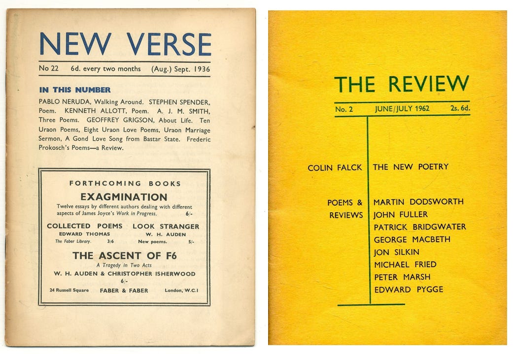 Covers of New Verse (1936) and The Review (1962), both set in Gill Sans