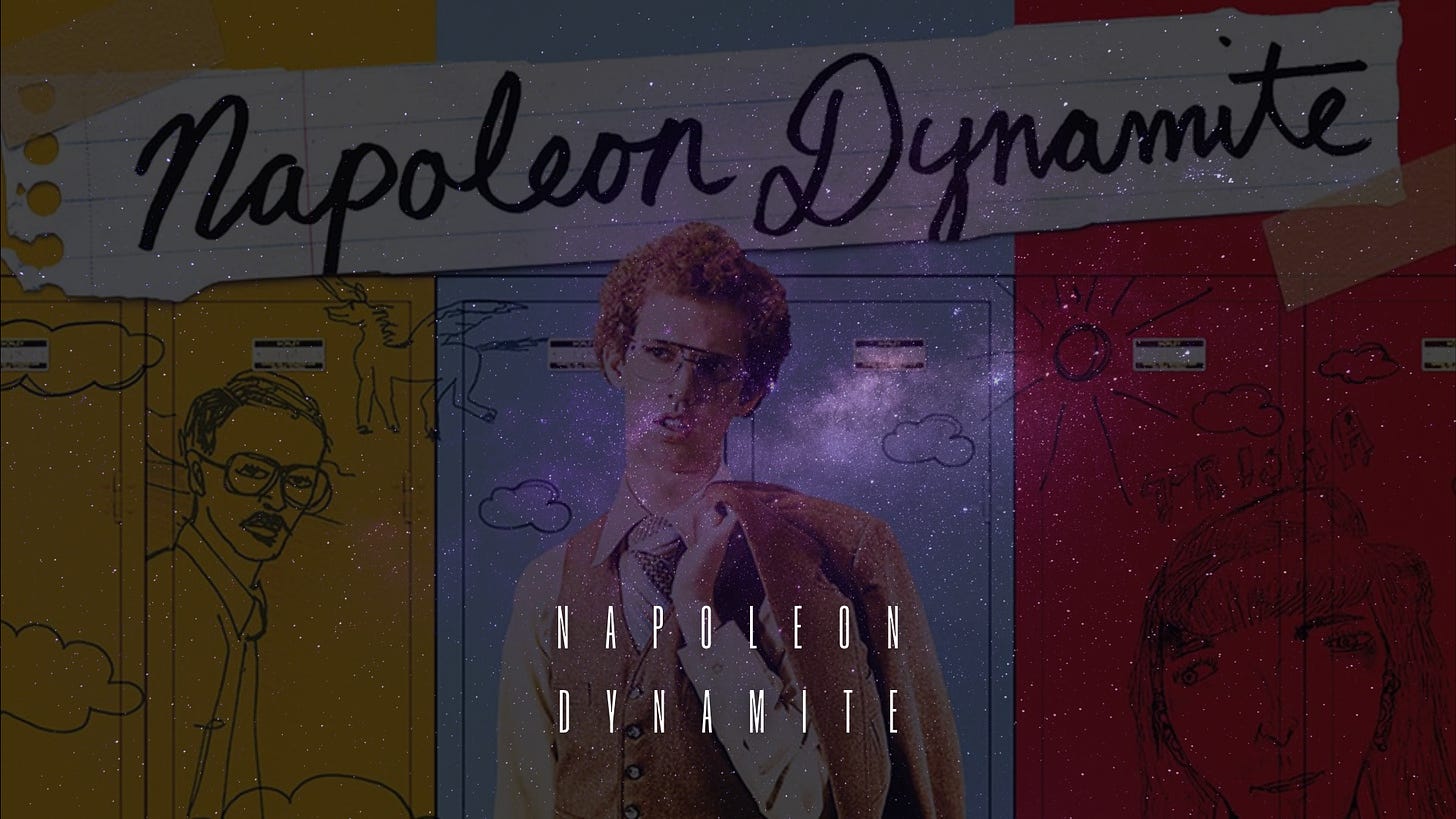 Napoleon Dynamite movie cover: A memorable poster featuring Napoleon Dynamite, a lovably awkward character, in a humorous and endearing pose.