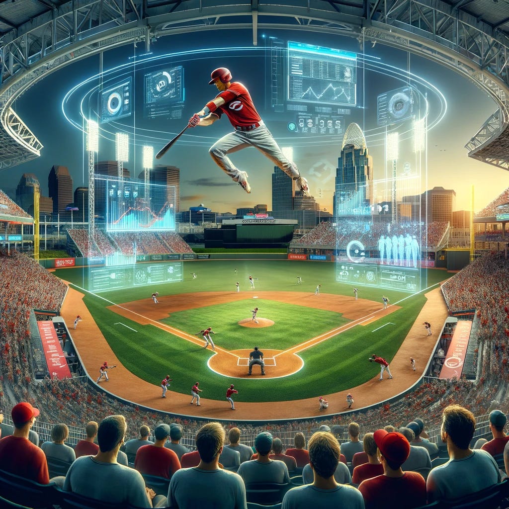 Create a vivid and dynamic image that combines elements of baseball, computer projections, and Cincinnati's iconic Riverfront Stadium. The scene is set inside the stadium, filled with excited fans cheering for a game. In the foreground, a group of players are intensely focused on the game, with one ready to swing at an incoming pitch. Surrounding them, large holographic displays project advanced analytics and player statistics, blending modern technology with the timeless sport of baseball. The architecture of Riverfront Stadium is recognizable in the background, its unique circular design framing the action. The evening sky above the stadium is clear, adding a serene backdrop to the bustling activity below.