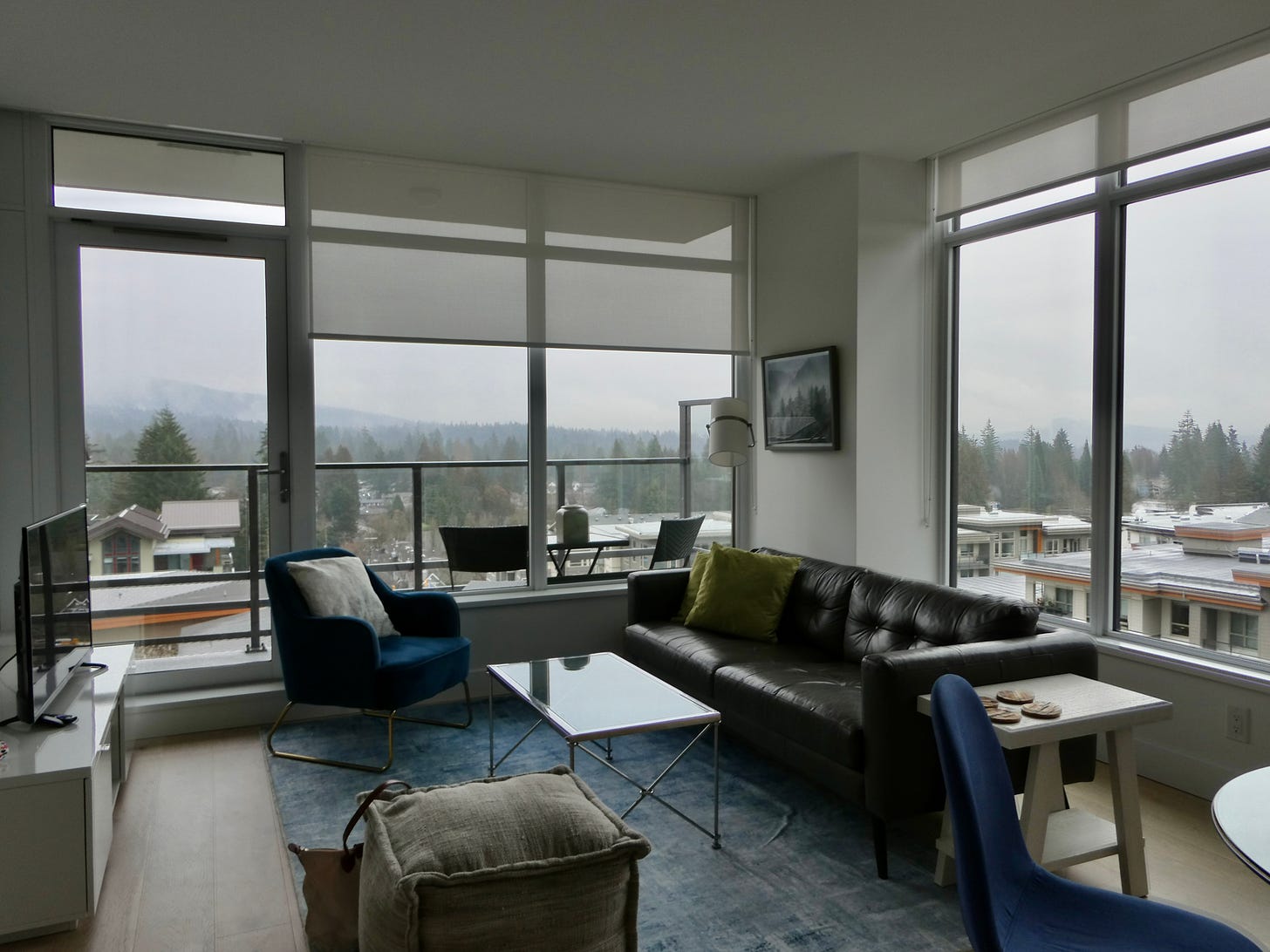 living room with windows overlooking fir trees, shorter buildings and mist