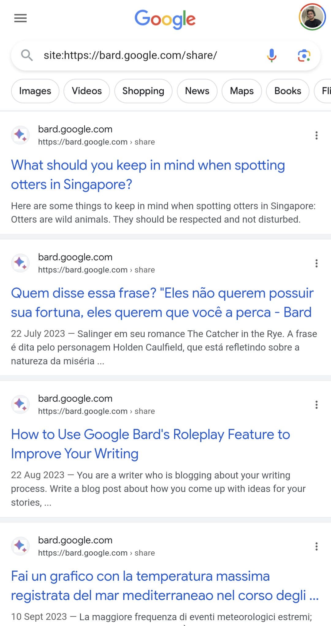 Bard disponibilizando conversas nos resultados da busca