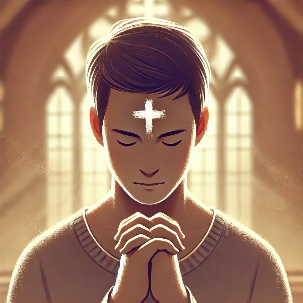 A serene illustration of a person observing Ash Wednesday. The individual has a visible ash cross marked on their forehead, symbolizing the Christian tradition. They are in a reflective and solemn pose, hands clasped together in prayer. The background features soft, diffused light streaming through the stained glass of a church, creating a peaceful and spiritual ambiance. The overall tone is warm and reverent, emphasizing humility and faith.