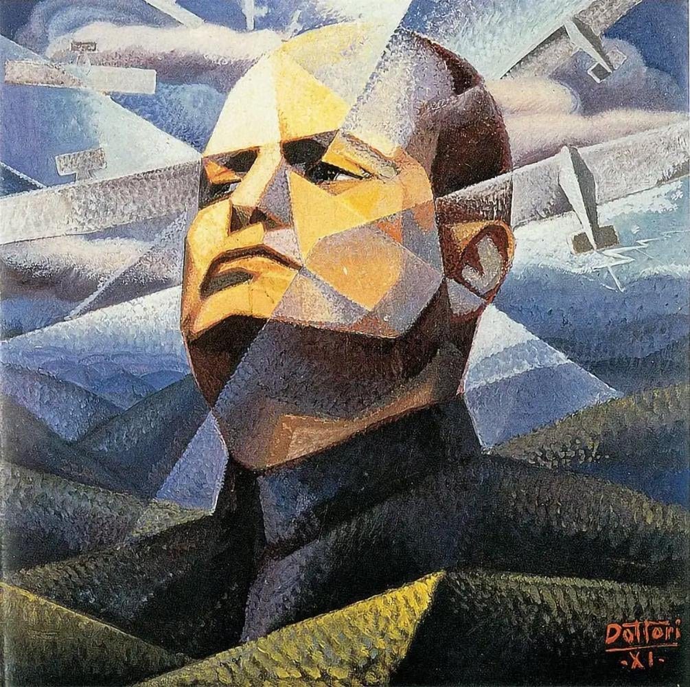 Portrait of Mussolini by Gerardo Dottori, 1933. One of many so-called  'aeropaintings' (aeropittura) produced by Futurist painters in the 1930s  emphasising speed and aviation. : r/PropagandaPosters