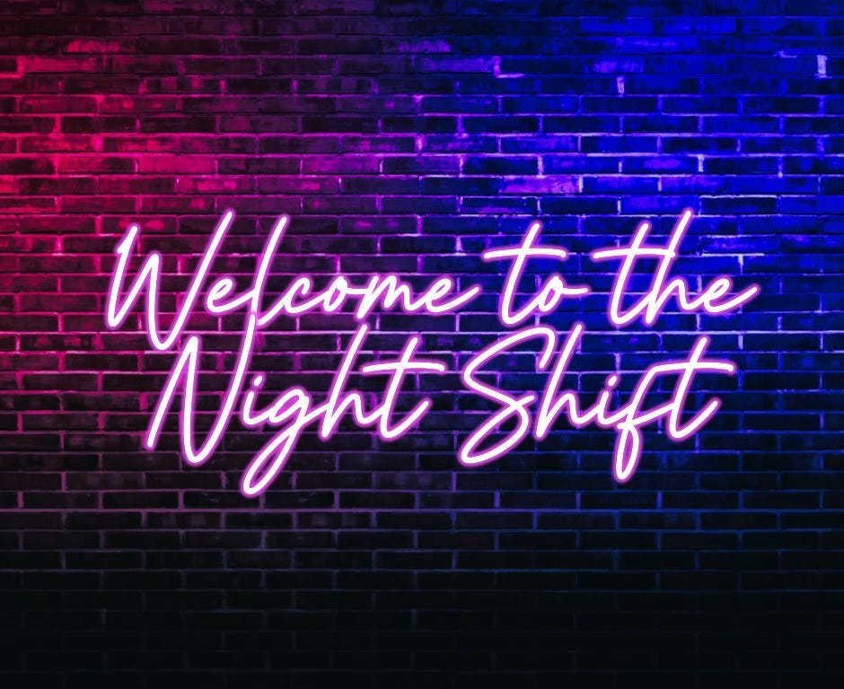 Neon pink and purple glowing sign reading “Welcome to the Night Shift” against a dark brick wall, evoking a moody, late-night aesthetic.