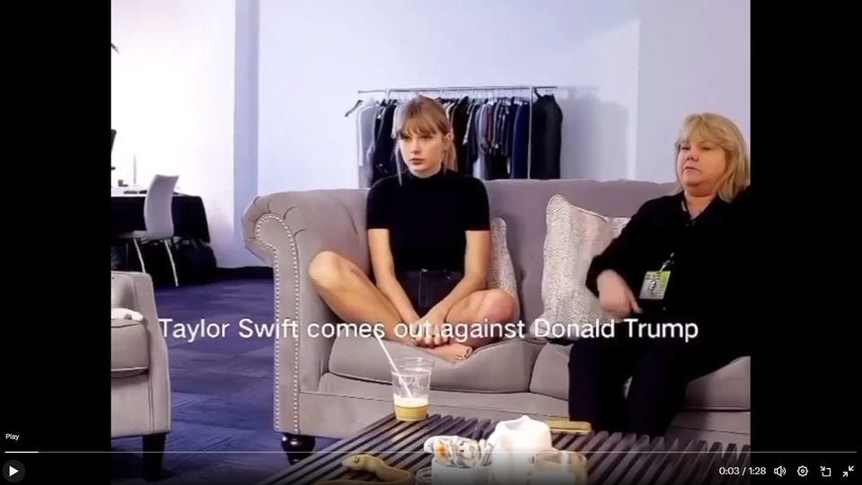 May be an image of 2 people, blonde hair and text that says 'Taylor Swift comes out.against Donald Trump Play 0:03/ :28'