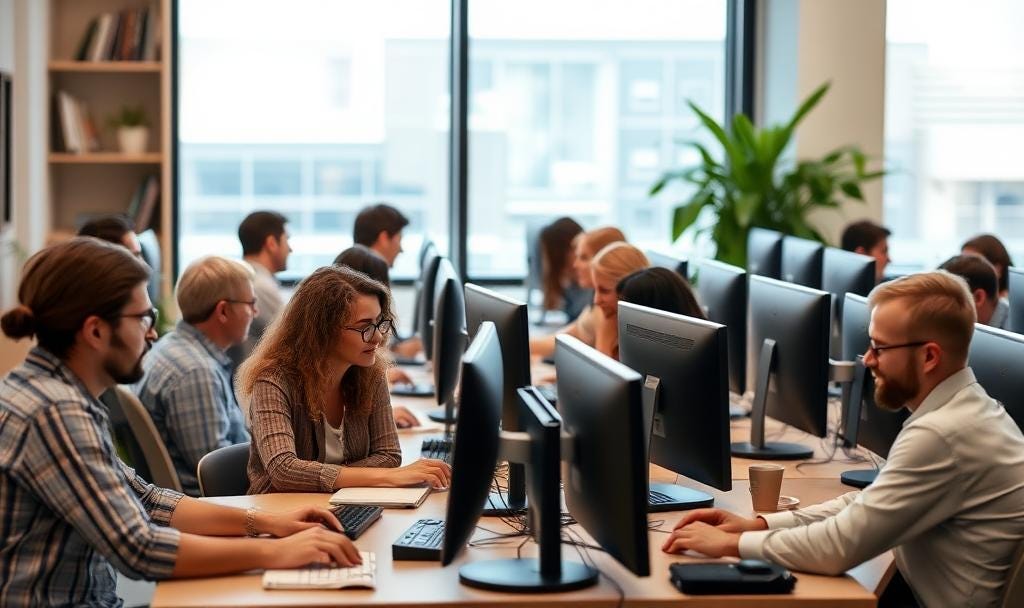Office of people working at computers, individually and together