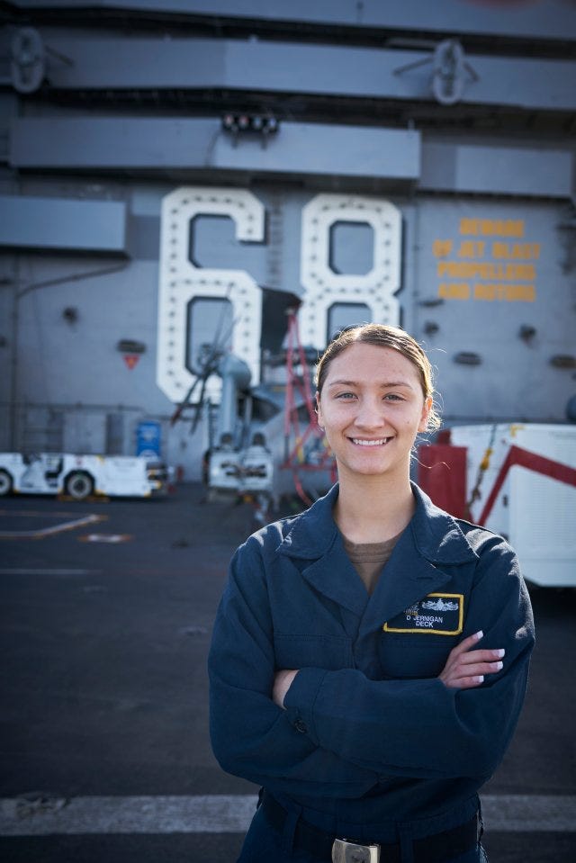 January 19, 2020. San Diego, California. Life onboard the supercarrier, USS Nimitz of the United States Navy, one of the largest warships in the world.  Pictured is 19-year-old Deborah Jernigan who was driving the ship.<br />
Photo copyright John Chapple / www.JohnChapple.com