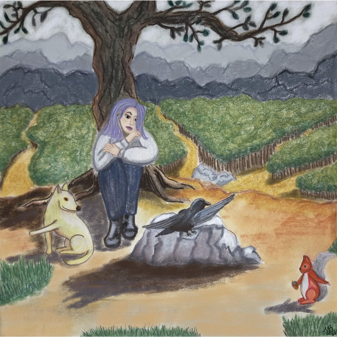 illustration of a woman sitting beneath a tree. A raven, squirrel and dog are there all pointing to different paths that surround her.