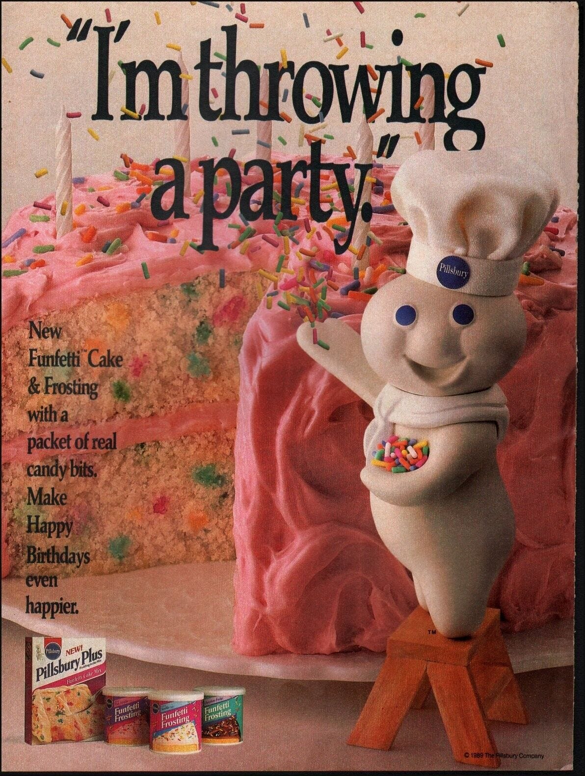 1989 Vintage ad Pillsbury Plus Cake Mix Pillsbury Dough Man Pink 02/22/23