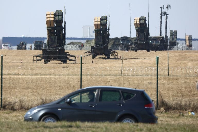 US Army MIM-104 Patriots, surface-to-air missile (SAM) system launchers, are pictured at Rzeszow-Jasionka Airport, Poland March 24, 2022, amid Russia's invasion of Ukraine.