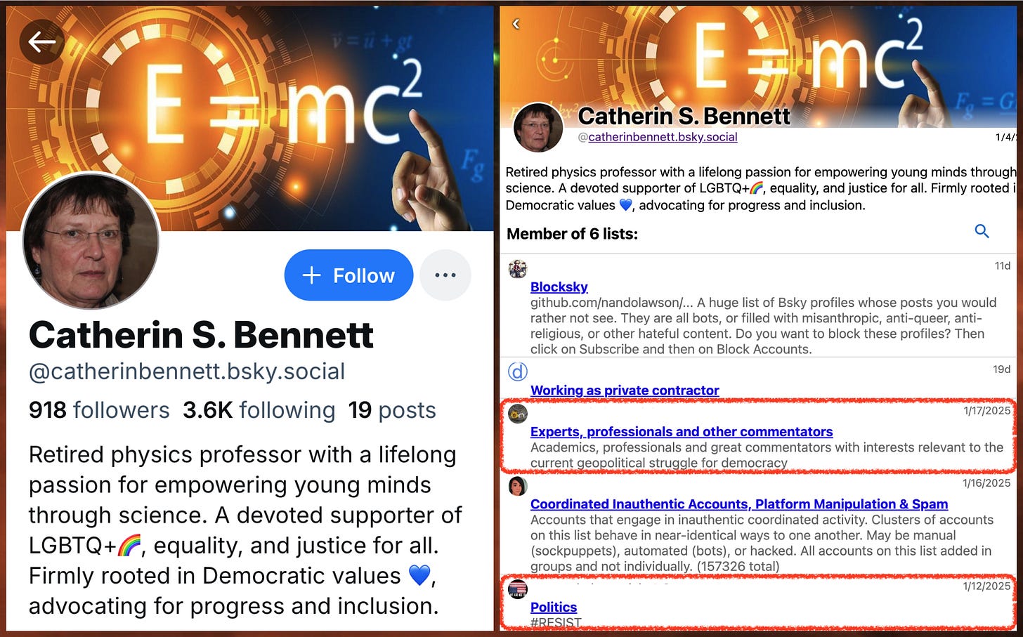 Screenshot of catherinbennett.bsky.social's profile, and screenshot of a post from moremedicine1.bsky.social reposted by catherinbennett.bsky.social. Both accounts have GAN-generated face