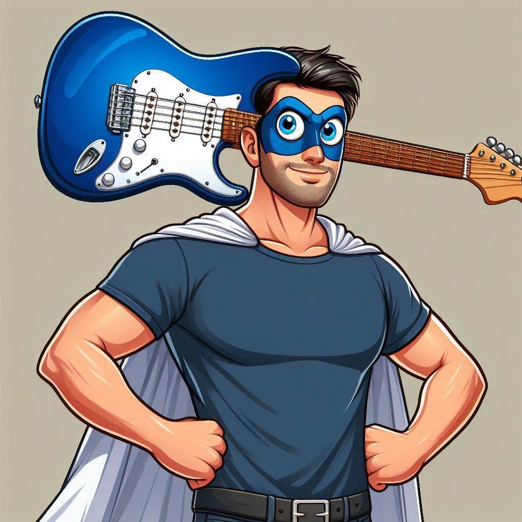 Caucasian hero with a whole electric guitar in place of his head wearing a plain navy blue tee shirt and a white cape and big eyes on the guitar, cartoon style, portrait style, silly