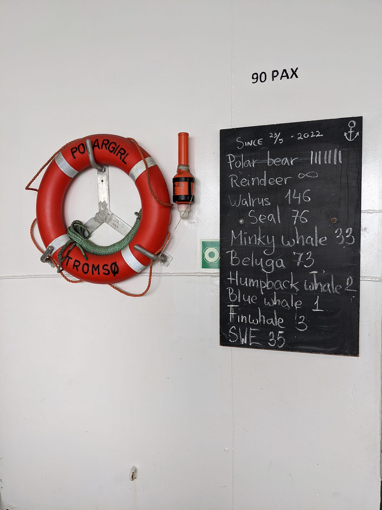 A lifebuoy and chalkboard on the ship Polargirl, the latter used to count wildlife sightings since 2022-05-23.