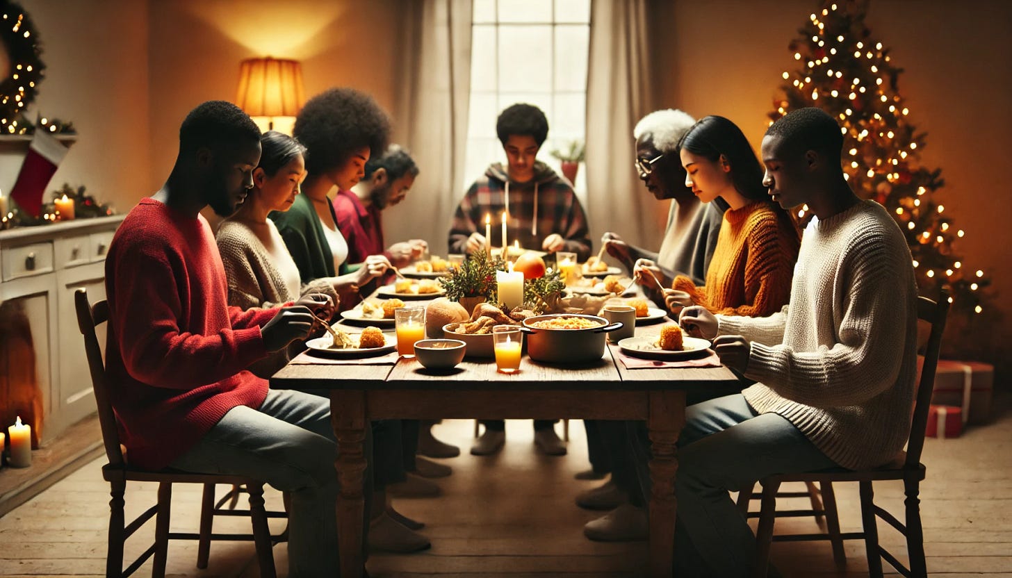 A simple and cozy holiday dinner table with modest Christmas decorations, featuring a diverse group of individuals of color sharing a meal. The scene is warm and inviting, focused on togetherness and unity, with a subtle touch of Christmas spirit such as a small tree or string lights in the background. The atmosphere is humble and relatable, emphasizing the spirit of community and shared faith in the American dream.