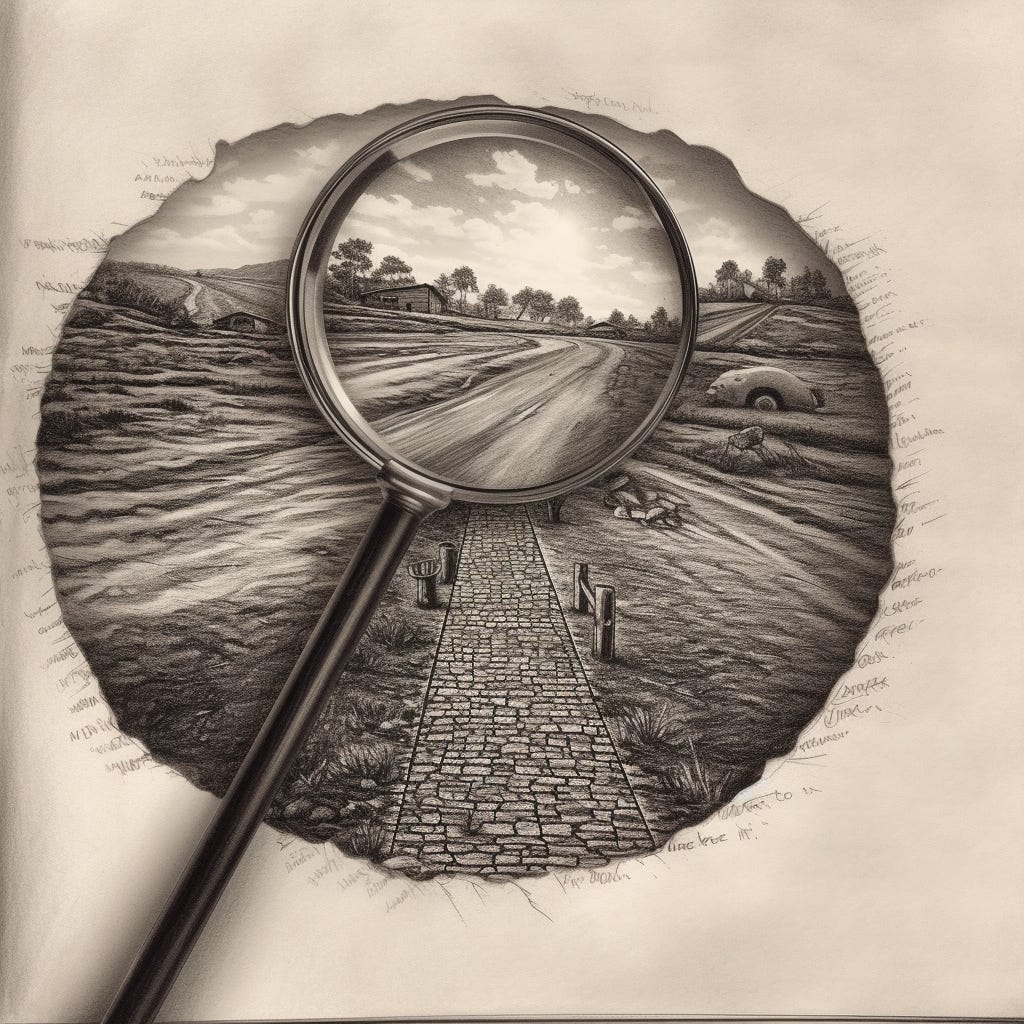 a pencil sketch of a magnifying glass focusing on a drawing of an incriate road on a page; the road is exploding from the edge of tha page