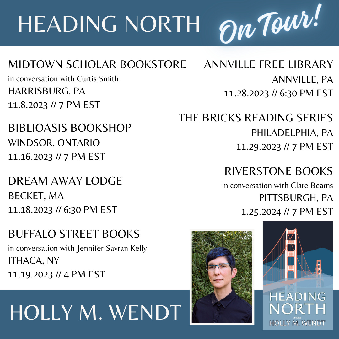 A list of Holly's book tour dates and locations, which include November 8 in Harrisburg, November 16 in Windsor Ontario, November 18 in Becket Massachusetts, Nov 19 in Ithaca and more. 