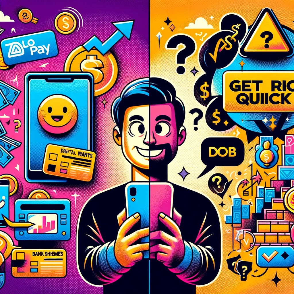 An illustration depicting the contrast between the ease of digital payments and the skepticism around quick money-making schemes. The image is divided into two halves; the left side shows a happy person using a modern smartphone with vibrant graphics of digital wallets, symbols of Zalo Pay, MoMo, Bankplus, and Ví Appota logos, representing the convenience and speed of electronic transactions. The right side shows a skeptical person surrounded by question marks, caution signs, and representations of 'get rich quick' schemes, illustrating the doubt and potential deceit associated with such advertisements. The overall tone of the image is informative, with a clear distinction between the two scenarios.