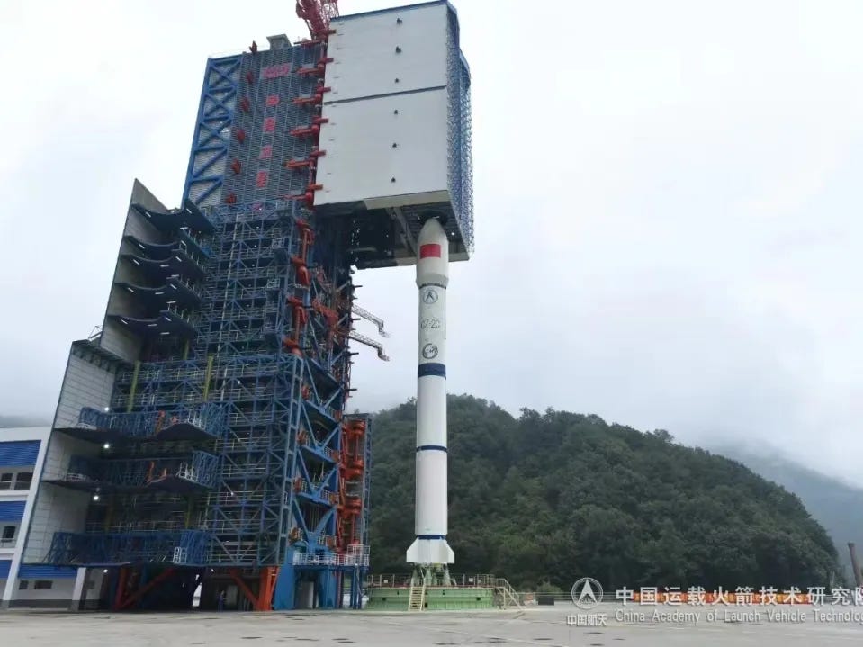 The Long March 2C Y87 vehicle on Launch Complex 3 at the Xichang Satellite Launch Center ahead of launch.