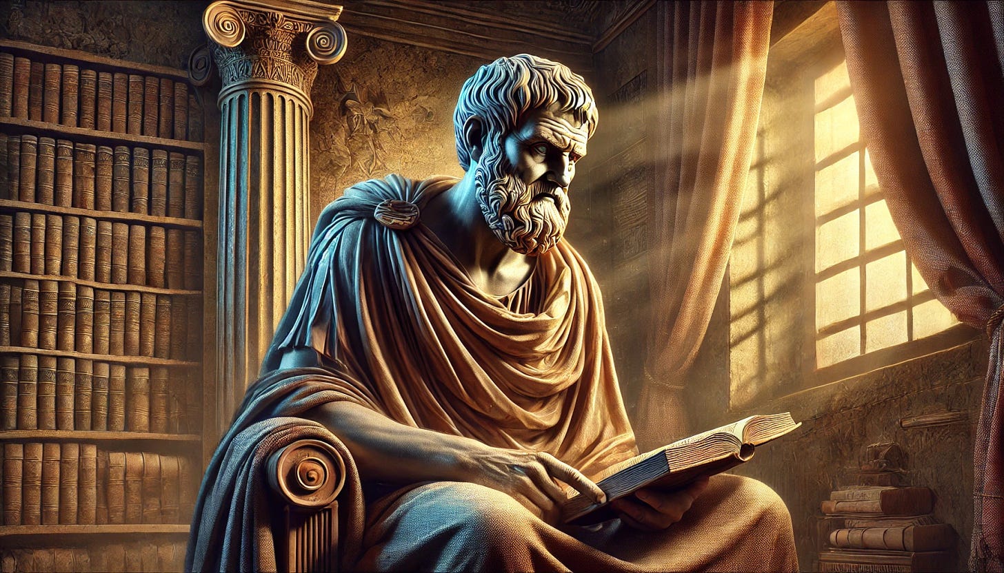 Digital artwork of the Stoic philosopher Epictetus sitting in a serene study, reading a book surrounded by shelves filled with scrolls and manuscripts. Sunlight streams through a window, casting a warm glow over his thoughtful expression and traditional robe, symbolizing his wisdom and dedication to philosophy.