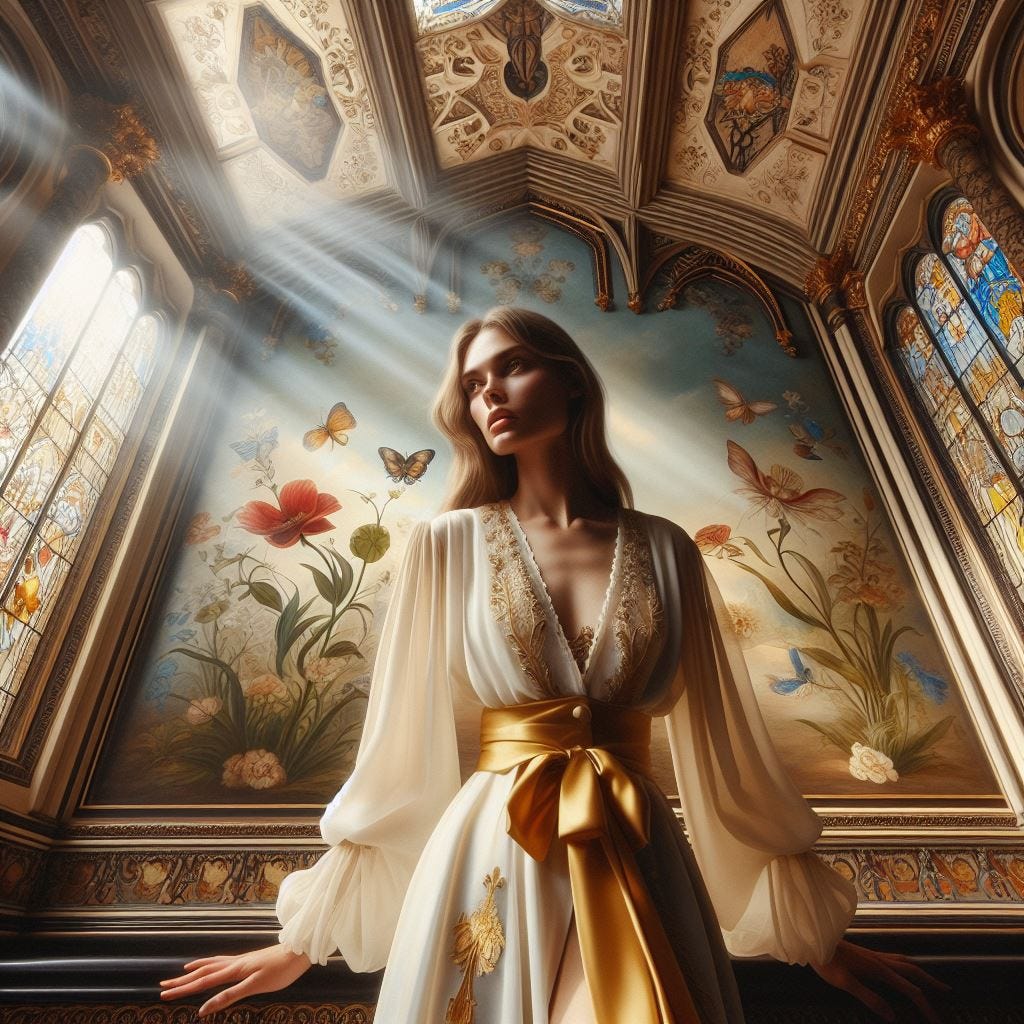 woman wearing dress cream and white with silk.Willow Catkin with yellow details.Willow Catkin male Calico Pennant  red-on-black color schema.  is in a guilded hall leaning toward the camera in a mansion with flying buttresses and ornate ceiling tiles. Wall panel artwork in baroque style and the style of peter max intermitent light coral and light yellows accents. Sunlight streaming in through a stained glass window of blues and greens.luminescent. Ethereal.