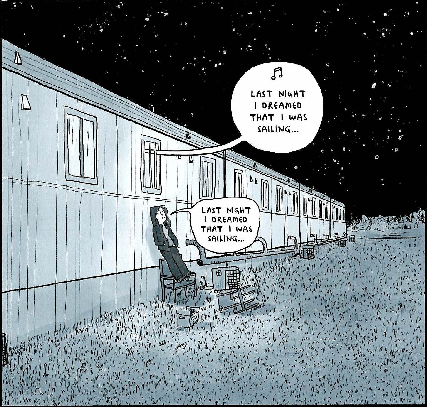 An image from Ducks: Features a woman, Kate, leaning outside a trailer, singing softly alongside music playing from inside. The night sky is visible and black, with hundreds of stars. 