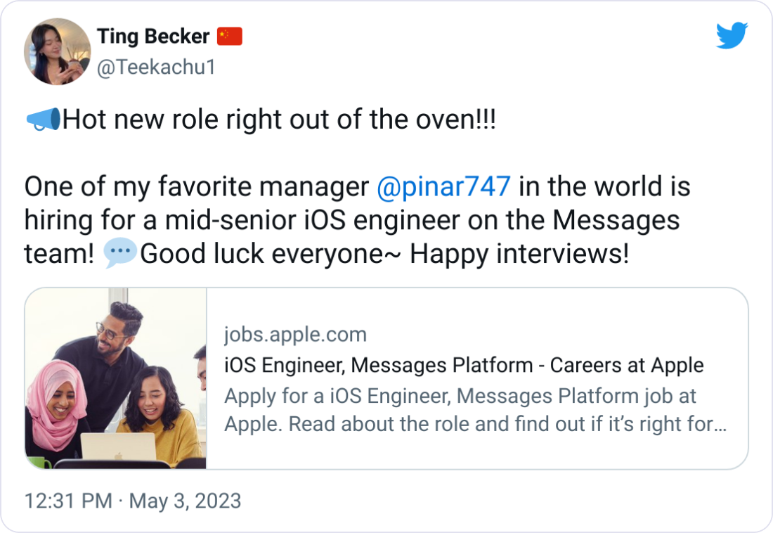 Ting Becker 🇨🇳 @Teekachu1 📣Hot new role right out of the oven!!!   One of my favorite manager  @pinar747  in the world is hiring for a mid-senior iOS engineer on the Messages team! 💬Good luck everyone~ Happy interviews!
