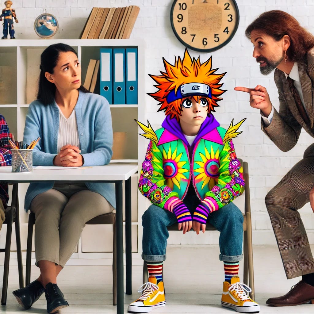 A humorous scene at a parent-teacher conference where a kid is nervously sitting while being scolded by a teacher, but the kid is wearing an anime-inspired outfit. The outfit includes a bright, colorful jacket with exaggerated designs, styled hair, and accessories like headbands or gloves, clearly referencing anime characters. The parents, dressed casually, are sitting nearby, looking concerned. The teacher, dressed professionally, is standing and pointing sternly. The background shows a classroom or office setting with desks, chairs, and educational posters, creating a tense but playful atmosphere.