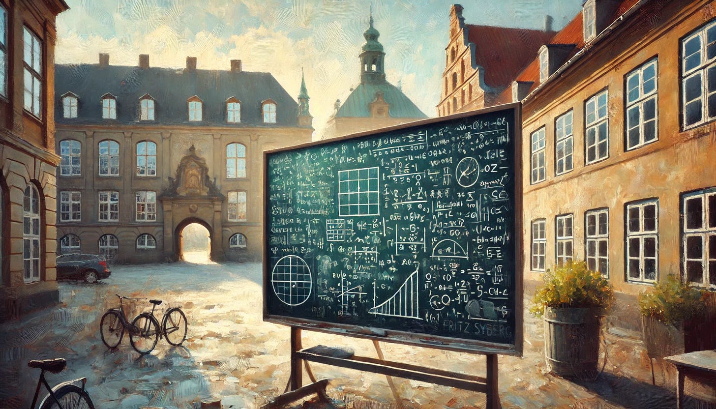 An impressionistic oil painting of a blackboard filled with math equations and strategic diagrams, in the style reminiscent of Fritz Syberg. The blackboard is set outdoors in a serene, softly lit space near old European buildings and industrial elements, capturing the quaint and historic charm of Copenhagen. The atmosphere is calm, with gentle pastel colors reflecting a peaceful, sunny day. The light dapples across the scene, adding a soft and dreamy effect to the surroundings, blending old architectural details with the intellectual focus of the blackboard.