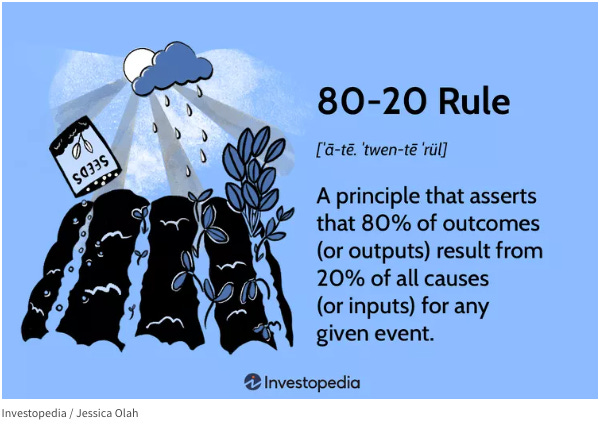 A screenshot with a definition of the 80-20 rule: A principle that asserts that 80% of outcomes result from 20% of all causes for any given event.