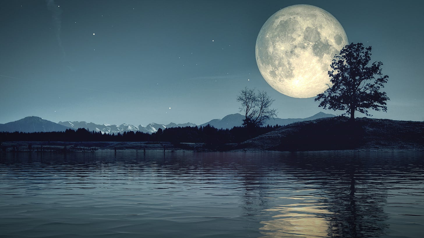 The image shows full moon rising above a beautiful lake having trees at the shore. The image is part of the article titled “Chandra (Soma) Mantra: Mental Peace through Hydration & Health 💦” authored by Anish Prasad and published at https://rationalastro.org