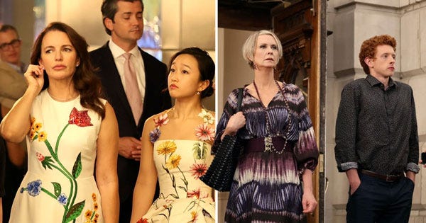Side-by-side images of Charlotte and Lily, and Miranda and Brady in And Just Like That