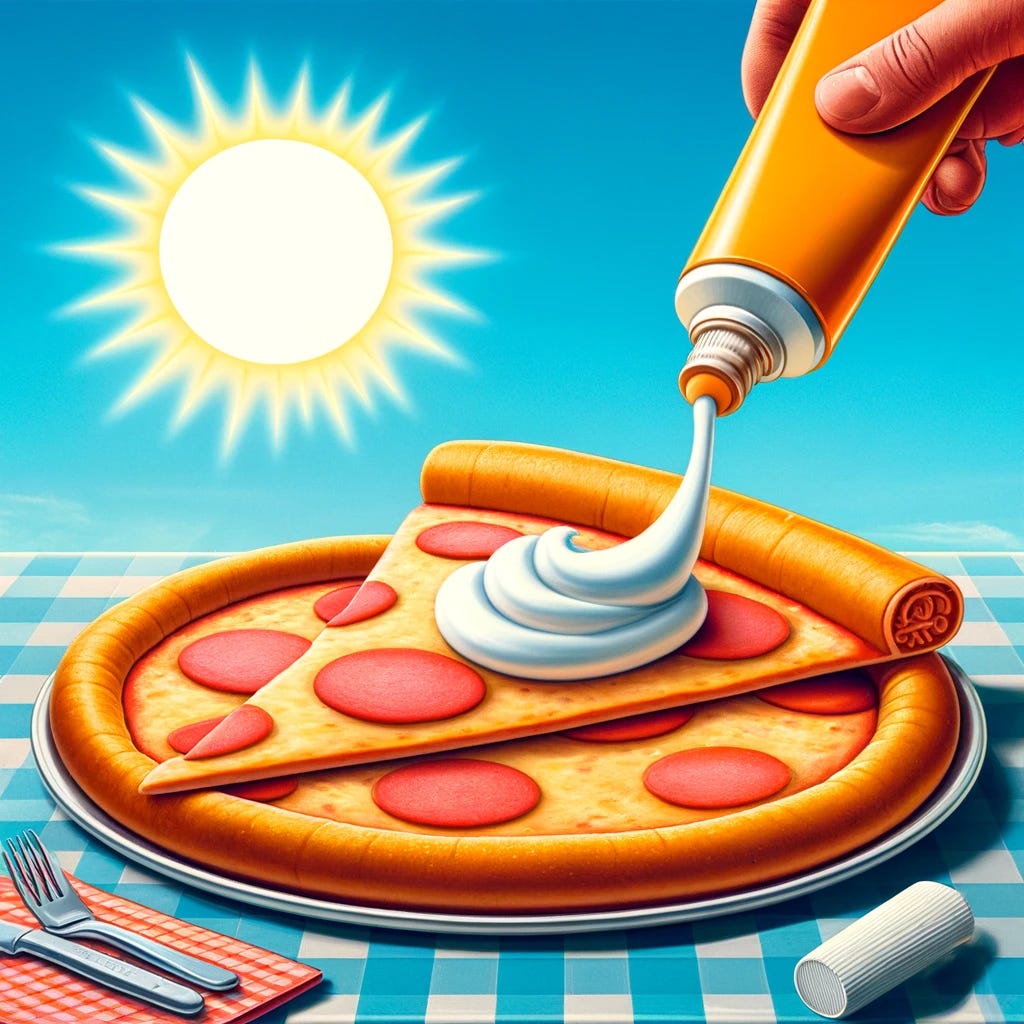 A surreal and humorous illustration showing a slice of pizza with a dollop of sunscreen being spread on it instead of cheese, with a tube of sunscreen next to the pizza. The background features a sunny picnic table with utensils and a bright blue sky, evoking a mix of absurdity and fun.