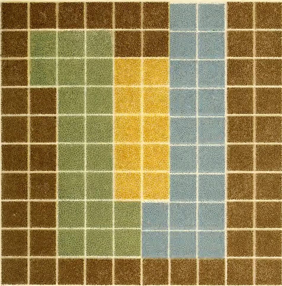 A gridded drawing similar to a tiled surface, with blocks of colors rendered in colored pencil. There are areas with squares of wood brown, blue grey, moss green and mustard yellow. The image is a color analysis chart by Emily Noyes Vanderpoel, an illustration from her 1903 book Color Problems