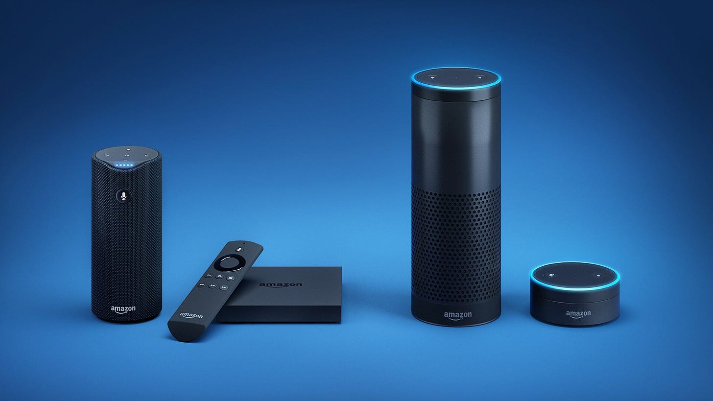 Família de dispositivos com Alexa da Amazon, o que inclui os alto falantes Echo da Amazon.