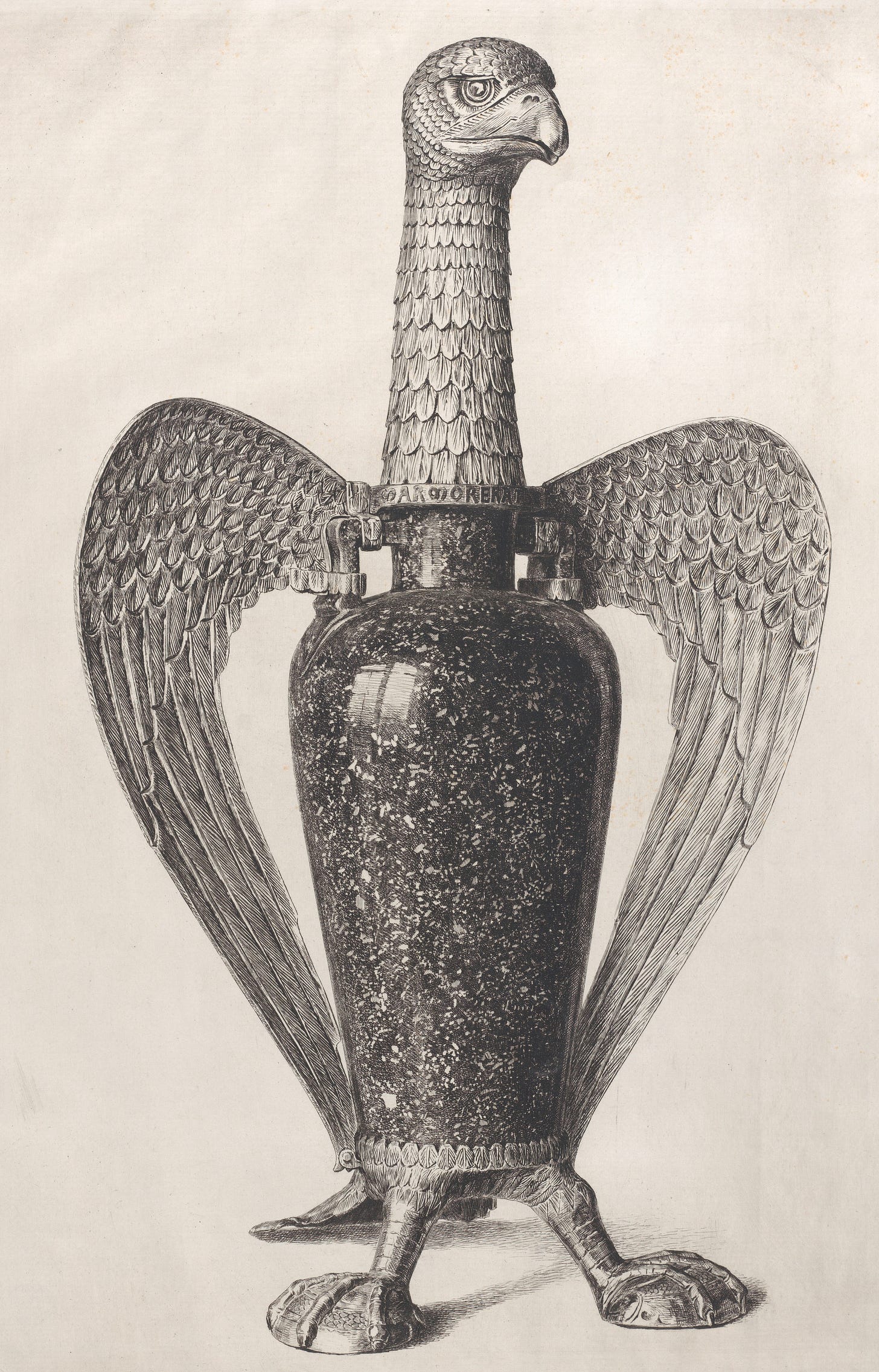 Black and white illustration of a porphyry vase, adorned with eagle head and wings.