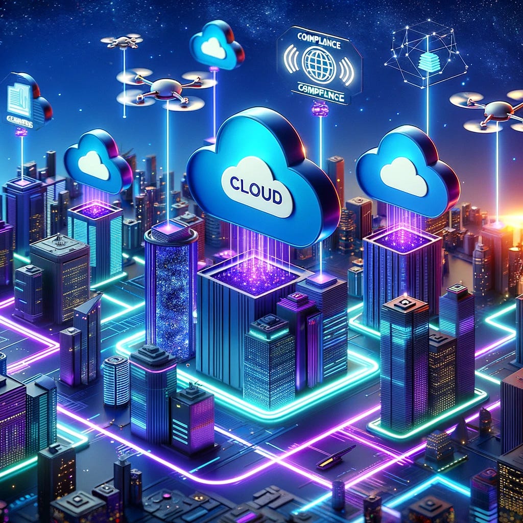 A futuristic cityscape with buildings shaped like various cloud symbols, representing different cloud providers, in a multi-cloud environment. These buildings are connected by glowing neon pathways, symbolizing data flow and integration. Hovering drones carry compliance documents and security shields, illustrating the concept of regulatory compliance and security in cloud computing. The scene is set at night with a starry sky, emphasizing a high-tech, advanced world. The color palette includes vibrant blues, purples, and neon accents, creating a dynamic and visually striking image.